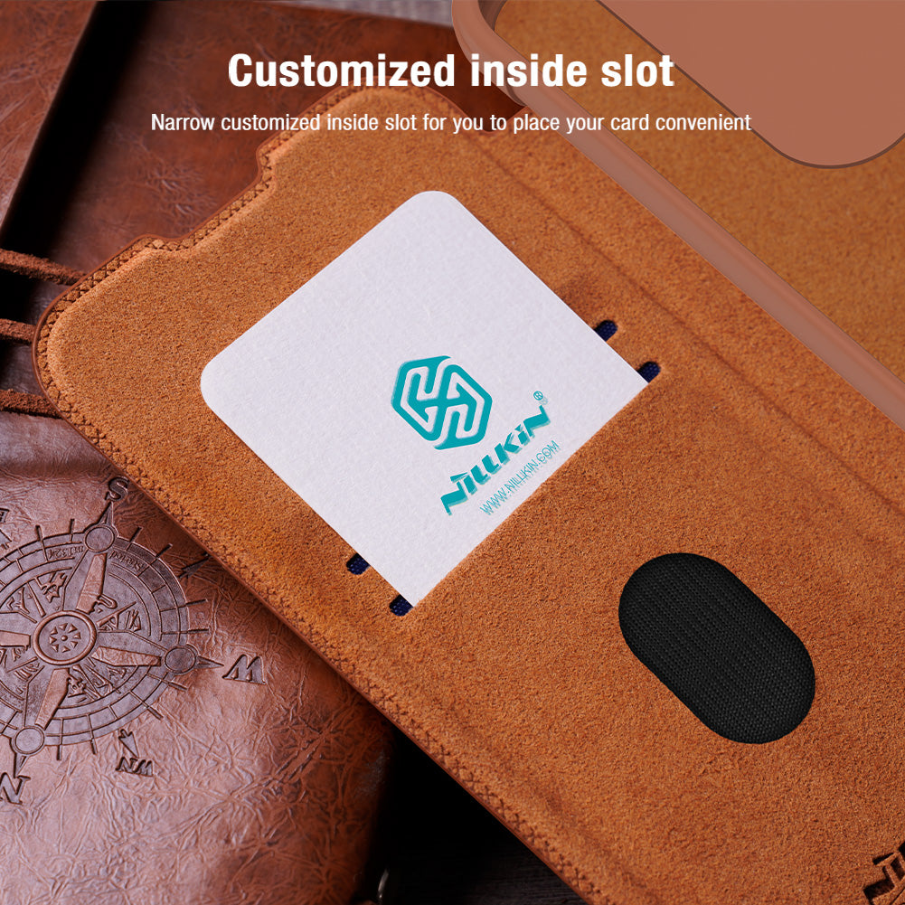 NILLKIN Qin Pro Series for Samsung Galaxy A35 5G Phone Case PU Leather Flip Cover with Card Holder - Brown NILLKIN Qin Pro Series for Samsung Galaxy A35 5G Phone Case PU Leather Flip Cover with Card Holder - Brown